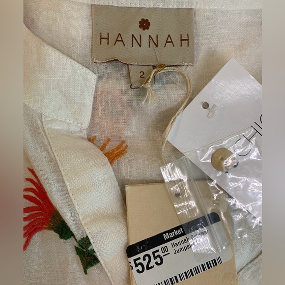 NWT Hannah Jaya Linen Embroider Puff Sleeve Button Split Neck Belted Jumpsuit, M - Picture 7 of 8